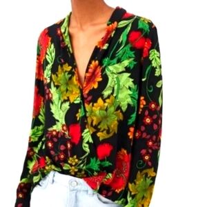 Floral V-Neck Blouse - Black, Red, Green